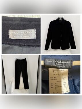 Vintage Paco Rabanne Black 100% Wool Tailored 2-Piece Pant Suit Blazer Set S 2/4